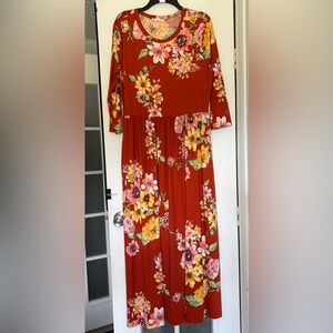 Reborn J Rust Floral Maxi Dress with Pink & Yellow Blooms